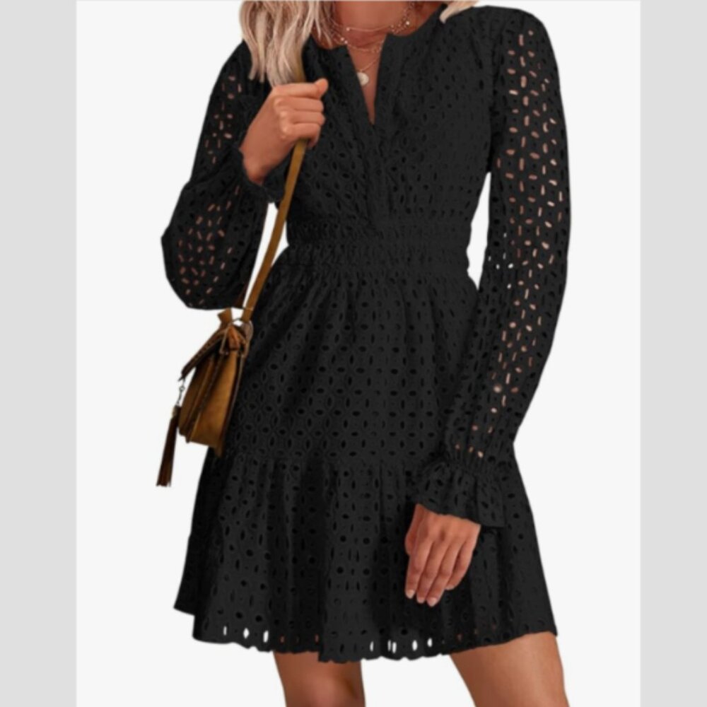 Elegant long Sleeve Black Eyelet Mini Dress